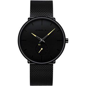 Men's Black Yellow Ultra-Thin Minimal Waterproof Stainless Steel Mesh Band Watch